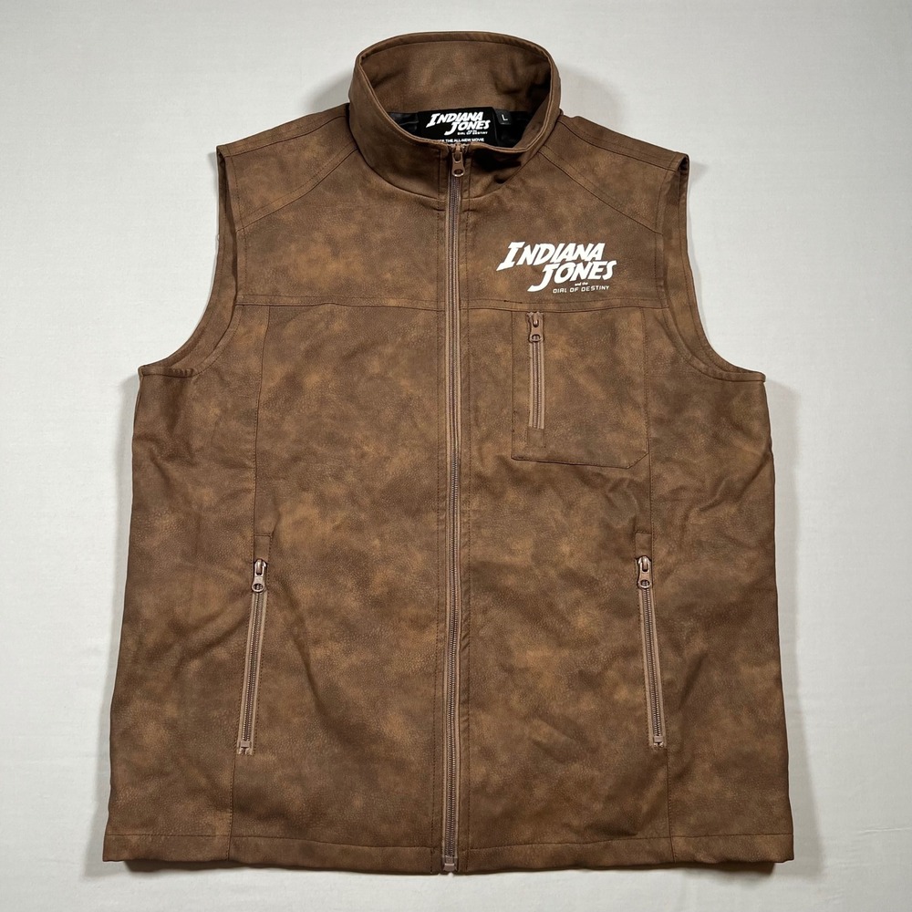 Indiana Jones Dial of Destiny Mens Brown Faux Leather Full Zip Vest Large L